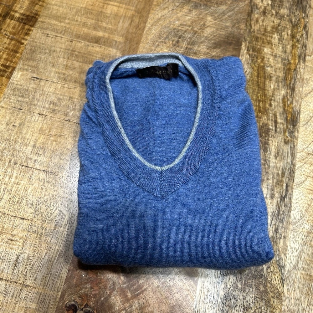 J. Hilburn V-Neck Sweater Mens Large Blue Wool Cashmere Blend Contrast Trim